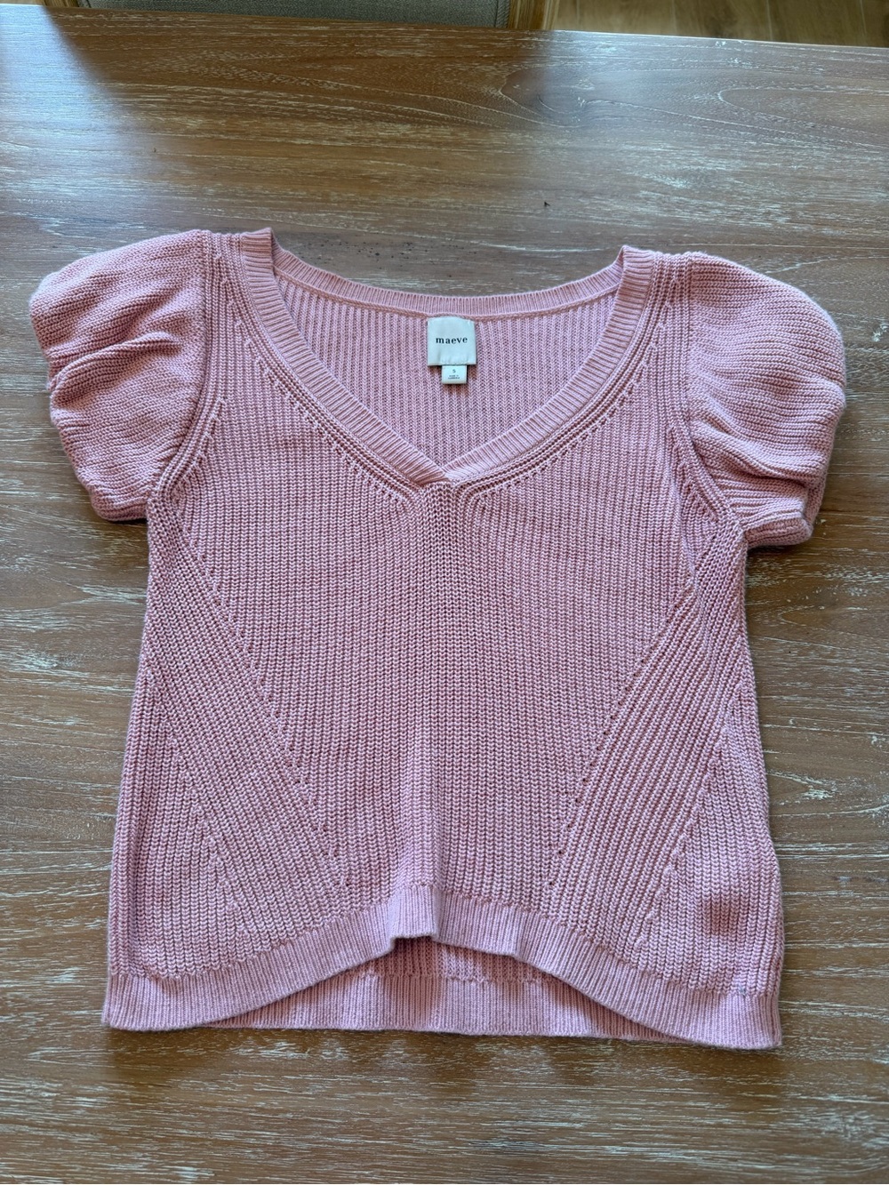 Anthropologie Pink V-Neck Puff Sleeve Knit Top